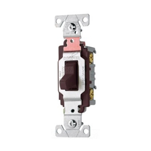 Eaton commercial grade toggle switch, #14-10 AWG, 20A, Commercial, Flush, 120/277V, Side wire, Screw, Brown, Load type: Motor Control, Fan, LED, Incandescent, ELV, MLV, CFL, Flourescent, Halogen, Double-Pole, Dual-pole, Brass, PVC