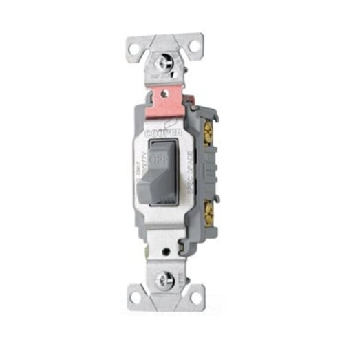Eaton commercial grade toggle switch, #14-10 AWG, 20A, Commercial, Flush, 120/277V, Side wire, Screw, Gray, Load type: Motor Control, Fan, LED, Incandescent, ELV, MLV, CFL, Flourescent, Halogen, Double-Pole, Dual-pole, Brass, PVC
