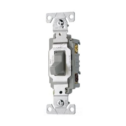 Eaton commercial grade toggle switch, #14-10 AWG, 20A, Commercial, Wall, 120/277V, Side wire, Screw, Gray, Three-Way, Copper alloy, Terminals: 0.031 in