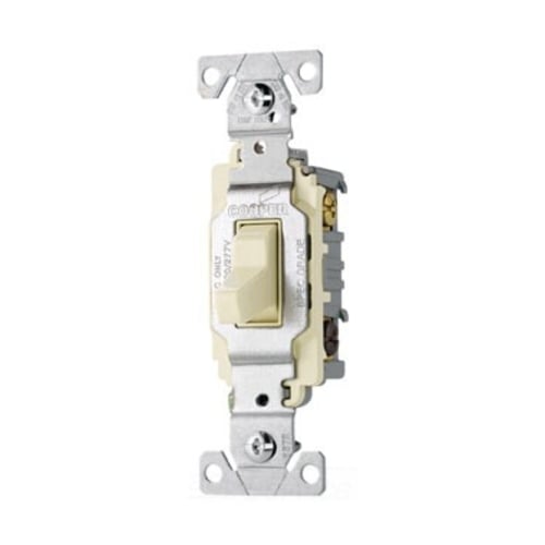 Eaton commercial grade toggle switch, #14-10 AWG, 20A, Commercial, Wall, 120/277V, Side wire, Screw, Light almond, Three-Way, Copper alloy, Terminals: 0.031 in
