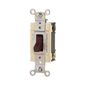 Eaton commercial grade toggle switch, #14-10 AWG, 15A, Commercial, Flush, 120/277V, Back and side, Screw, Gray, Load type: Motor Control, Fan, LED, Incandescent, ELV, MLV, CFL, Flourescent, Halogen, Single-Pole, Single-Pole, Brass, PVC