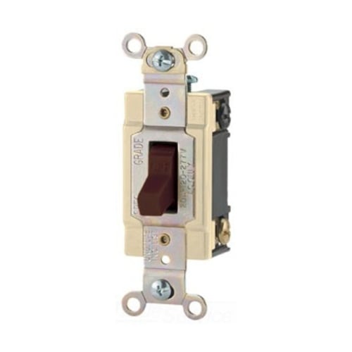 Eaton commercial grade toggle switch, #14-10 AWG, 20A, Commercial, Flush, 120/277V, Back and side, Screw, Gray, Load type: Motor Control, Fan, LED, Incandescent, ELV, MLV, CFL, Flourescent, Halogen, Double-Pole, Dual-pole, Brass, PVC
