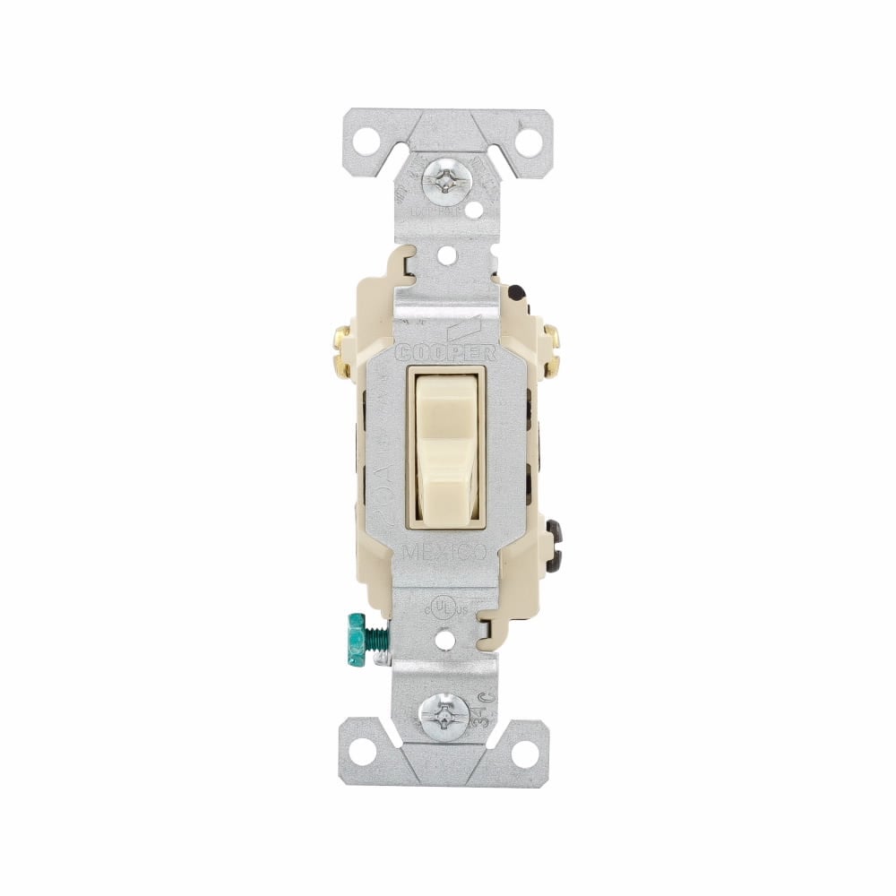 Eaton commercial grade toggle switch, #14-10 AWG, 20A, Commercial, Wall, 120/277V, Back and side, Screw, Ivory, Three-Way, Brass, Terminals: 0.031 in