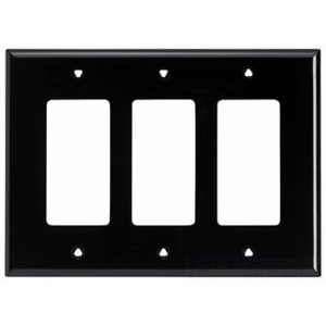 Eaton Decorator / GFCI wallplate, Black, Decorator Cutout, Polycarbonate, Three- gang, Mid-size