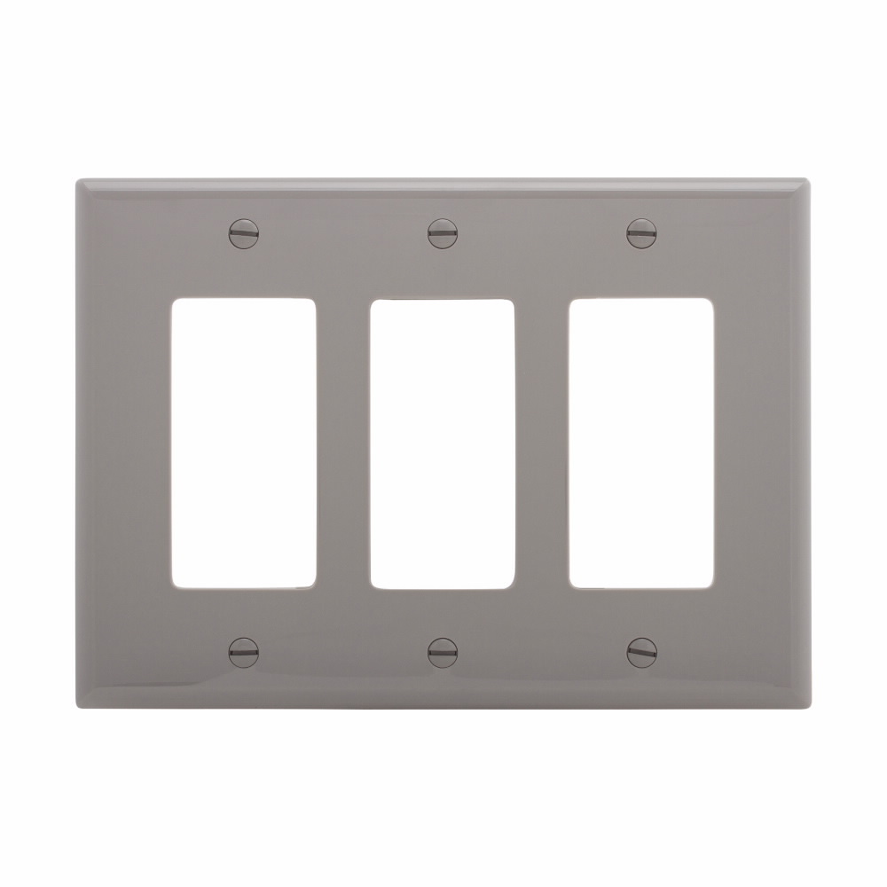 Eaton Decorator / GFCI wallplate, Gray, Decorator Cutout, Polycarbonate, Three- gang, Mid-size
