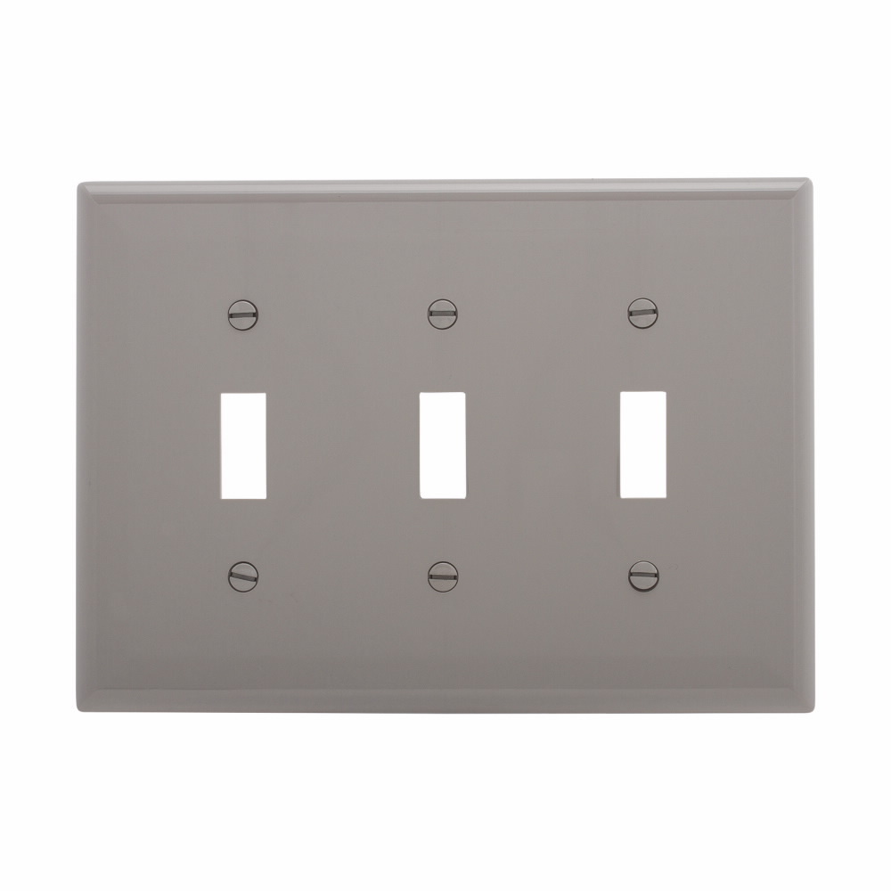 Eaton Toggle wallplate, Gray, Toggle Cutout, Polycarbonate, Three- gang, Mid-size