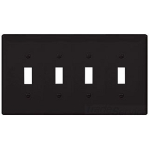 Eaton Toggle wallplate, Black, Toggle Cutout, Polycarbonate, Four- gang, Mid-size