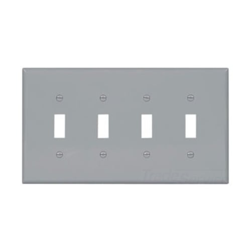 Eaton Toggle wallplate, Gray, Toggle Cutout, Polycarbonate, Four- gang, Mid-size