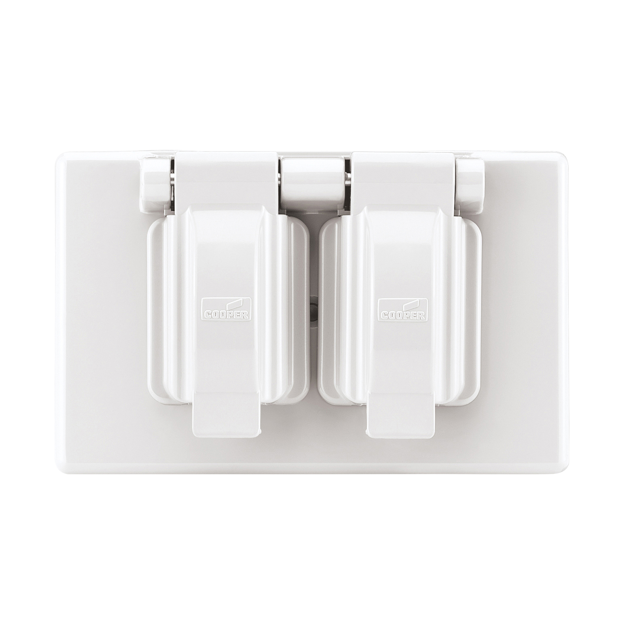 Eaton Nonmetallic duplex receptacle cover, Stay-open, Surface mount, White, Duplex receptacle, Dry environments, Thermoplastic, Single-gang, Horizontal, Standard