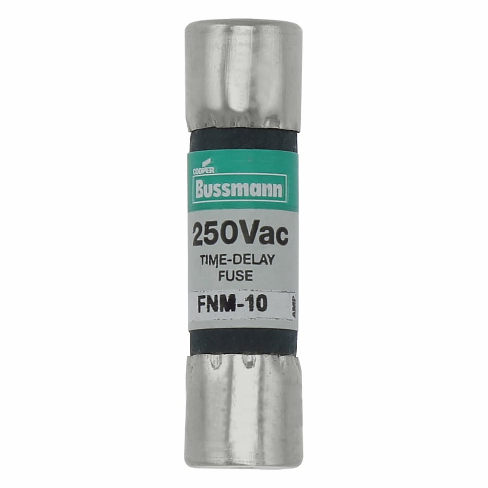 Eaton Bussmann series FNM fuse, Time-delay Midget fuse, 10 A, Dual, Non-indicating, Ferrule end x ferrule end, 10 kAC at 125 Vac200 AIC at 250 Vac, Nickel-plated bronze endcap, Standard, 250 V