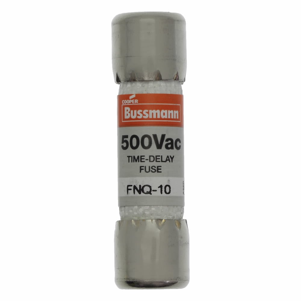 Eaton Bussmann series FNQ fuse, Time-delay Midget fuse, Motor control transformers, circuits with in-rush currents, 10 A, Non-indicating, Ferrule end x ferrule end, 10 kAIC at 500 Vac, Nickel-plated bronze endcap, Standard, 500 V