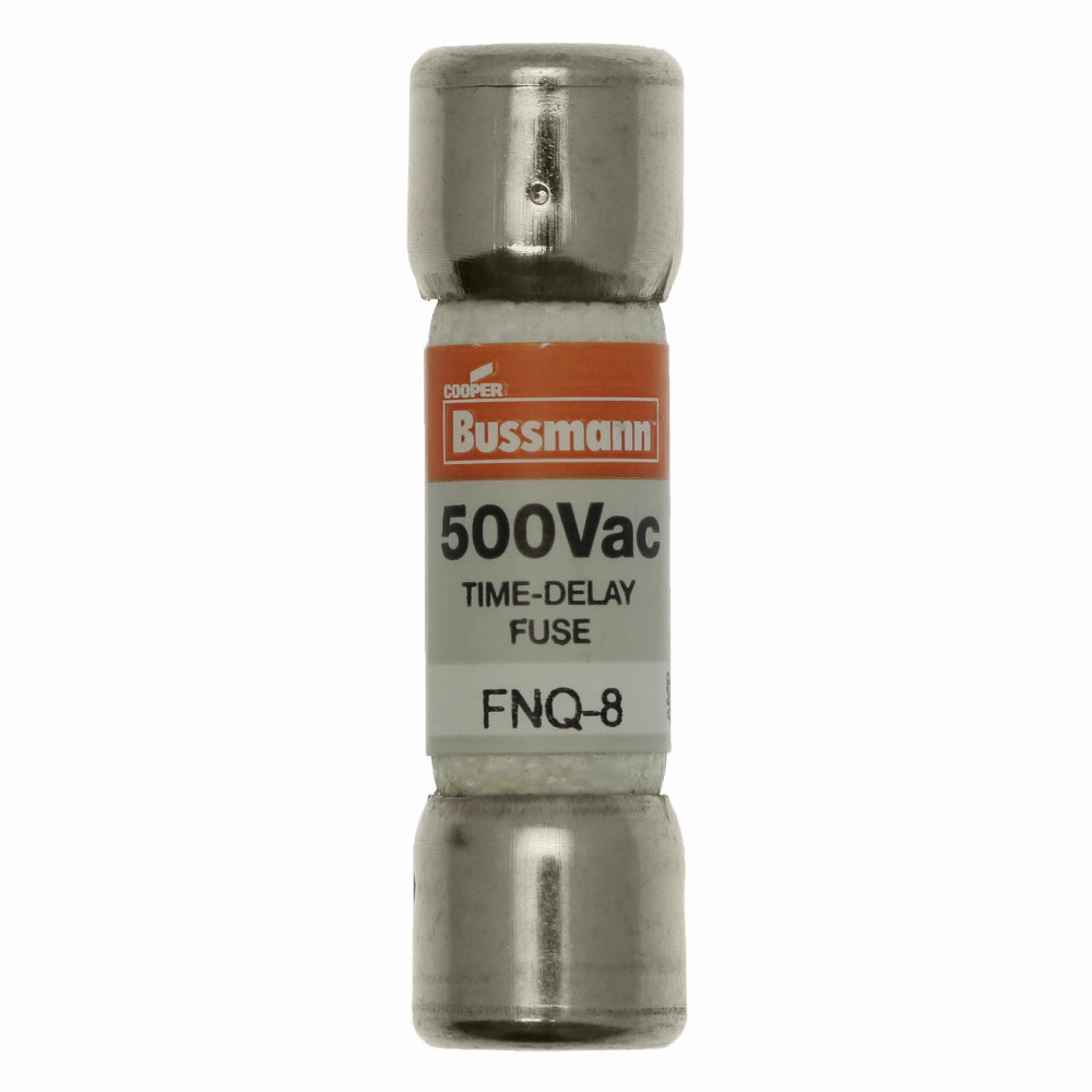 Eaton Bussmann series FNQ fuse, Time-delay Midget fuse, Motor control transformers, circuits with in-rush currents, 8 A, Non-indicating, Ferrule end x ferrule end, 10 kAIC at 500 Vac, Nickel-plated bronze endcap, Standard, 500 V