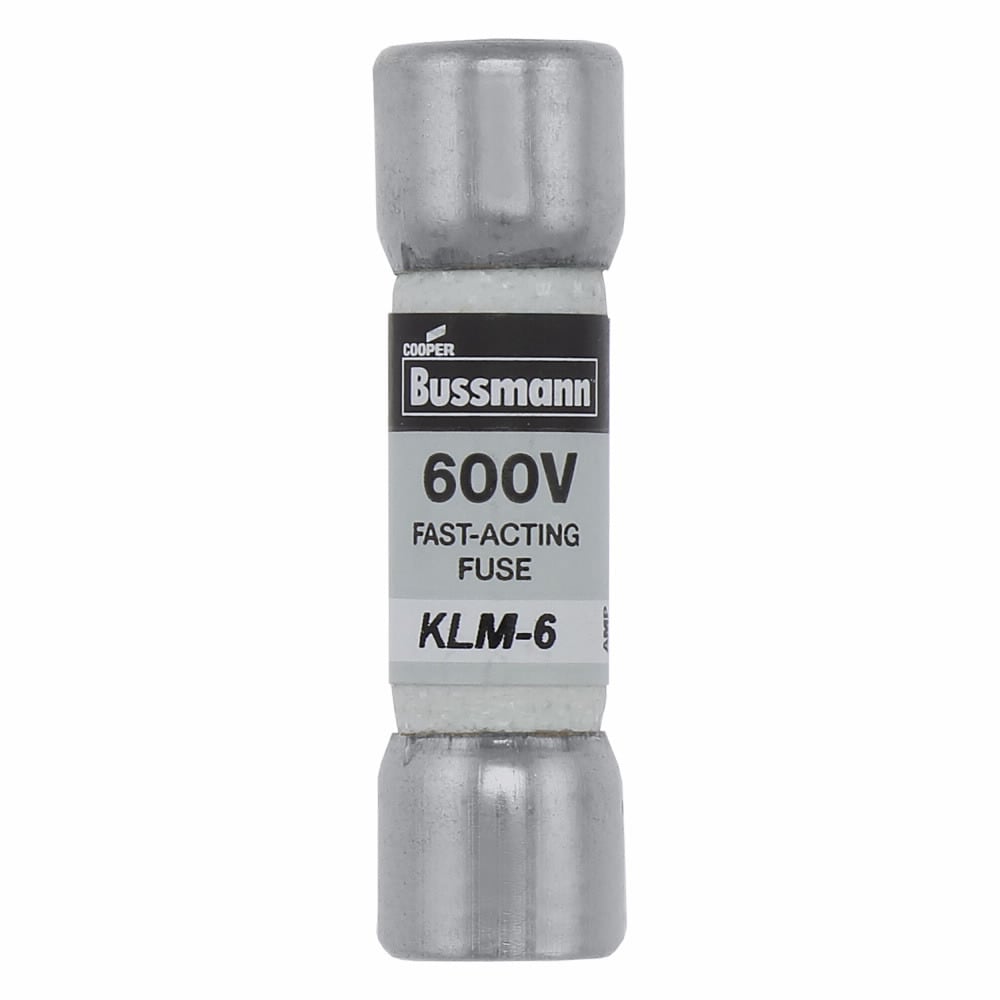 Eaton Bussmann series KLM fuse, LIMITRON Fast-acting fuse, 6 A, Non-indicating, Ferrule end x ferrule end, 50 kAIC at 600 Vdc,100 kAIC at 600 V, Melamine tube,Nickel-plated bronze endcap, 600 V, 600 Vdc