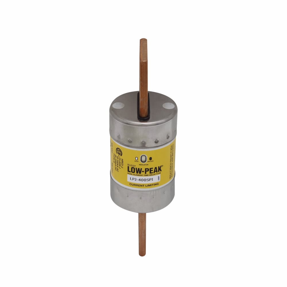 Eaton Bussmann series LPJ fuse, Low-peak fuse, 400 A, Dual, Class J, With Indicator, Bolted blade end x bolted blade end, Time delay,Current-limiting, 10 sec at 500%, 100 kAIC Vdc,300 kAIC at 600 V, Standard, 600 V, 300 Vdc