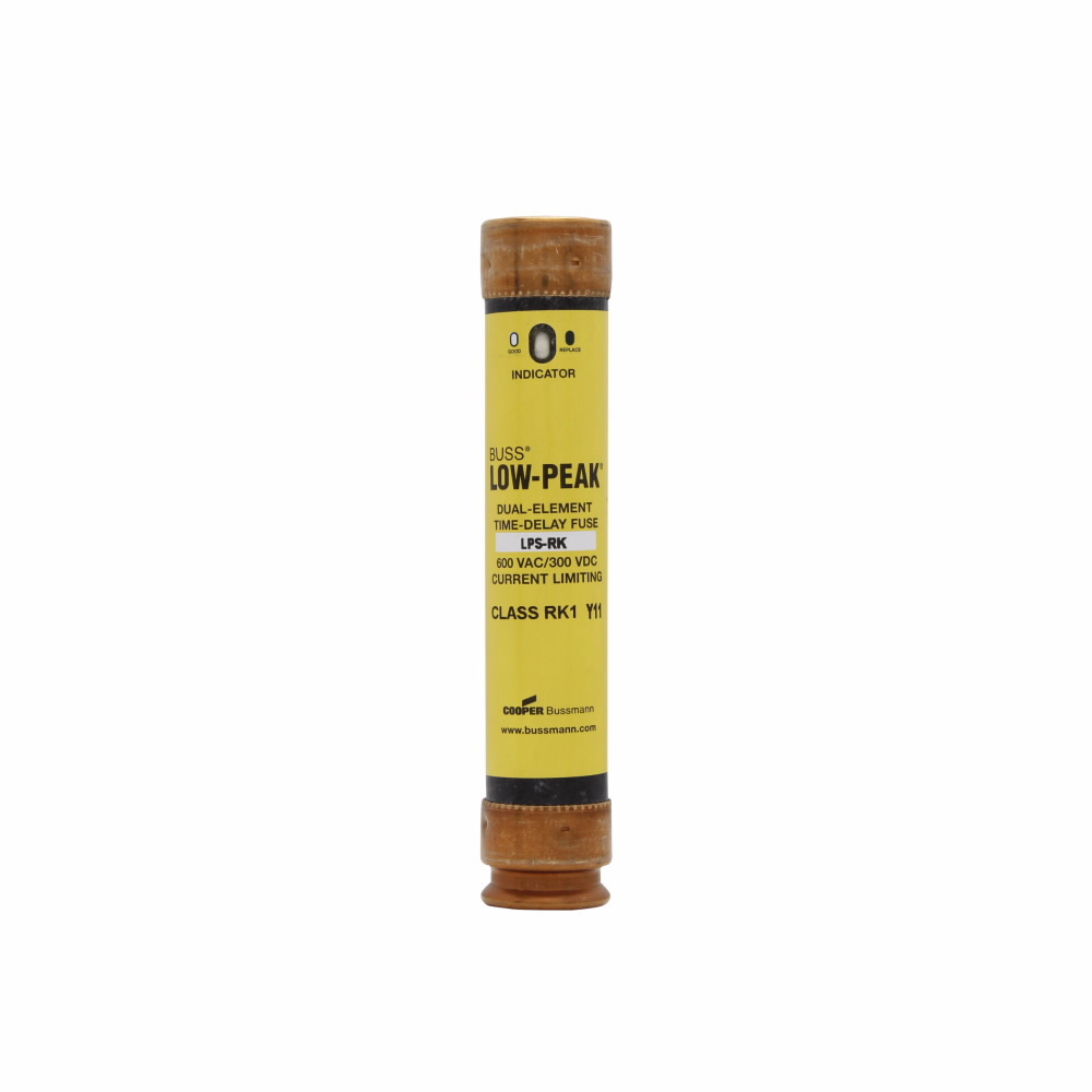Eaton Bussmann series LPS-RK fuse, Low-peak fuse, 60 A, Dual, RK1, With Indicator, Ferrule end x ferrule end, Time delay,Current-limiting, 10 sec at 500%, 100 kAIC at 300 Vdc,300 kAIC at 600 V, Standard, 10, 600 V, 300 Vdc