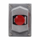 Eaton Crouse-Hinds series DSD front operated pushbutton cover and device sub-assembly, 10A, Red, EMERGENCY/STOP, Feraloy iron alloy, 1 circuit universal, 1 button, Maintained red emergency "STOP" button with lockout, factory sealed, 600 Vac