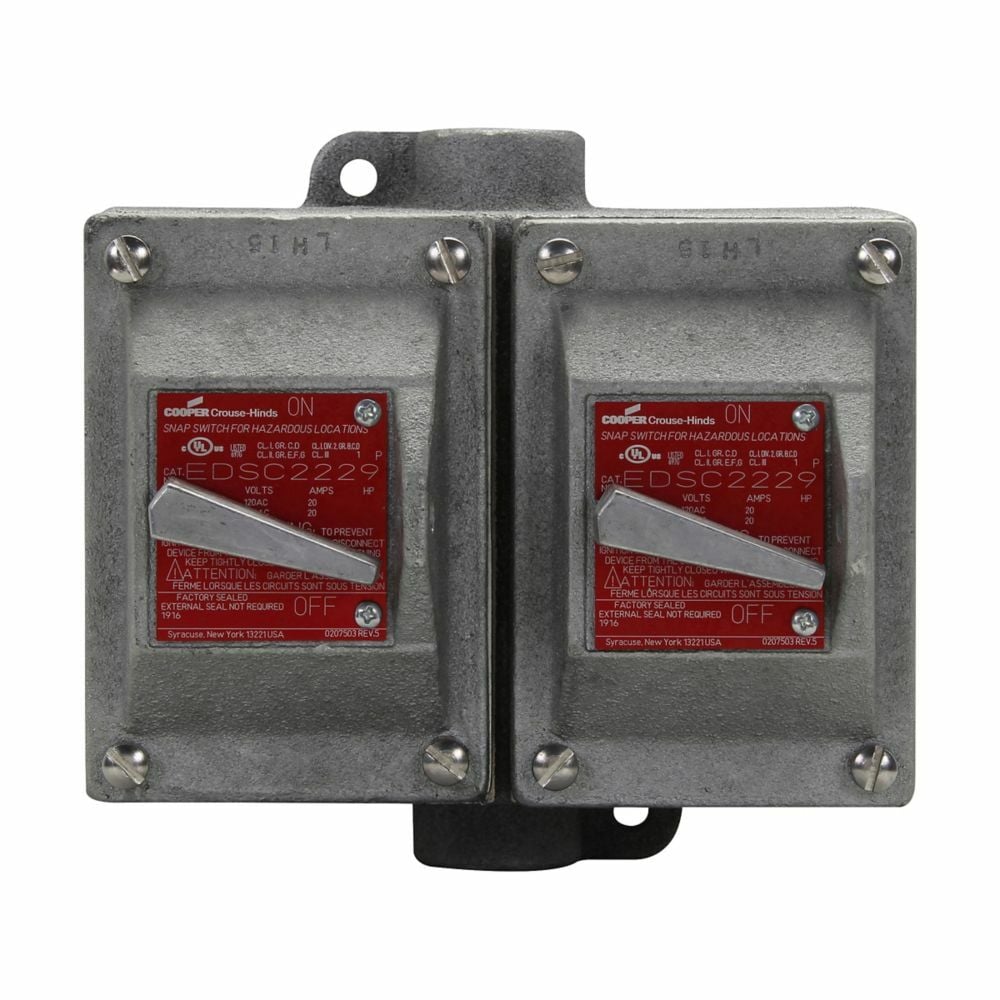 EDS3229 FlexStation 2-Gang Dead End Factory Sealed Snap Switch Control Station With Snap Switch, 1 in Hub, 120/277 VAC, 20 A, NEMA 3/7B/7C/7D/9E/9F/9G NEMA Rating