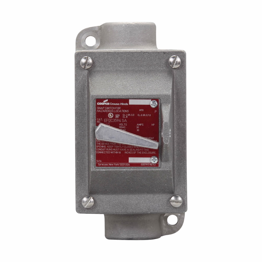 EFDC3594 1-Gang 3-Way Explosionproof Factory Sealed Through-Feed Snap Switch Control Station With Snap Switch, 120/277 VAC, 30 A, NEMA 3/7B/7C/7D/9E/9F/9G NEMA Rating