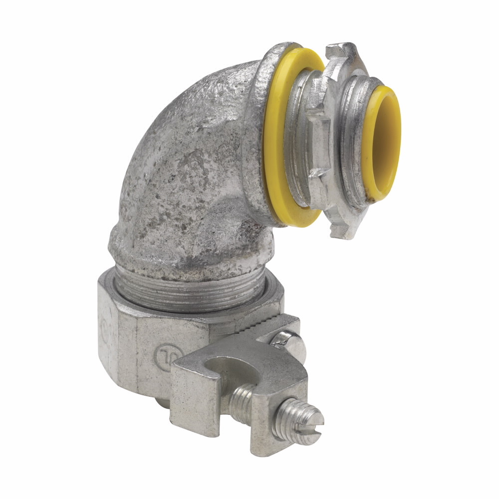 LT15090G Liquidator LT Series Non-Insulated Liquidtight Conduit Connector With 14 to 4 AWG Aluminum Grounding Lug, 1-1/2 in Trade, 90 deg, Malleable Iron, Electro-Plated Zinc