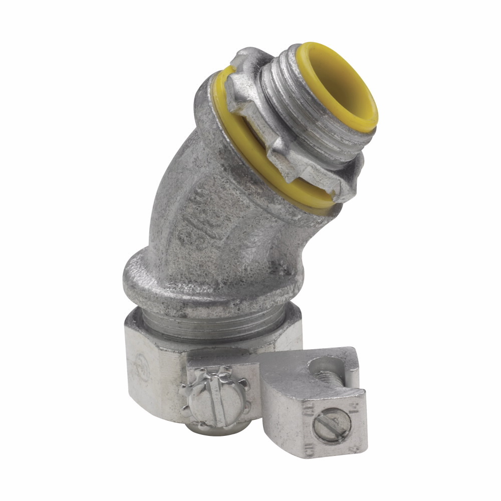 LT30045G Liquidator LT Series Non-Insulated Liquidtight Conduit Connector With 8 to 1/0 AWG Aluminum Grounding Lug, 3 in Trade, 45 deg, Malleable Iron, Electro-Plated Zinc