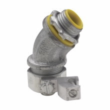 LTB12545G Liquidator Insulated Liquidtight Conduit Connector With 14 to 4 AWG Aluminum Grounding Lug, 1-1/4 in Trade, 45 deg, Malleable Iron, Electro-Plated Zinc