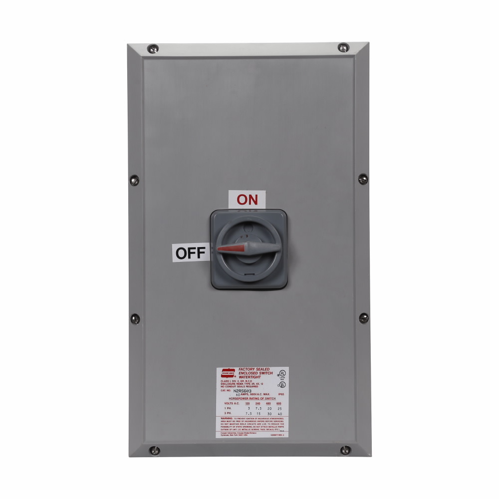 N2RS603 Arktite Dust-Tight Factory Sealed Heavy Duty Watertight Enclosed Switch, 240 to 600 VAC, 100 A, 40 hp, 3 Poles