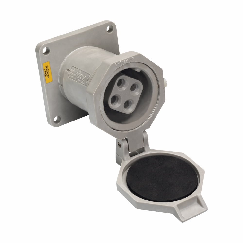 NR642 NR Series Grounding Style 2 Heavy Duty Non-Metallic Watertight Receptacle, 600 VAC/250 VDC, 60 A, 4 Poles, 3 Wires, Gray