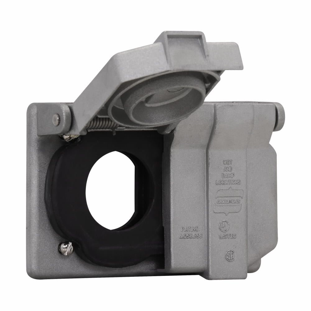 WLRD 5 20 Duplex Device Box Cover With 2-Pole 3-Wire 20 A Receptacle Assembly, 1-3/8 in Dia, Self-Close Cover, Die Cast Copper-Free Aluminum