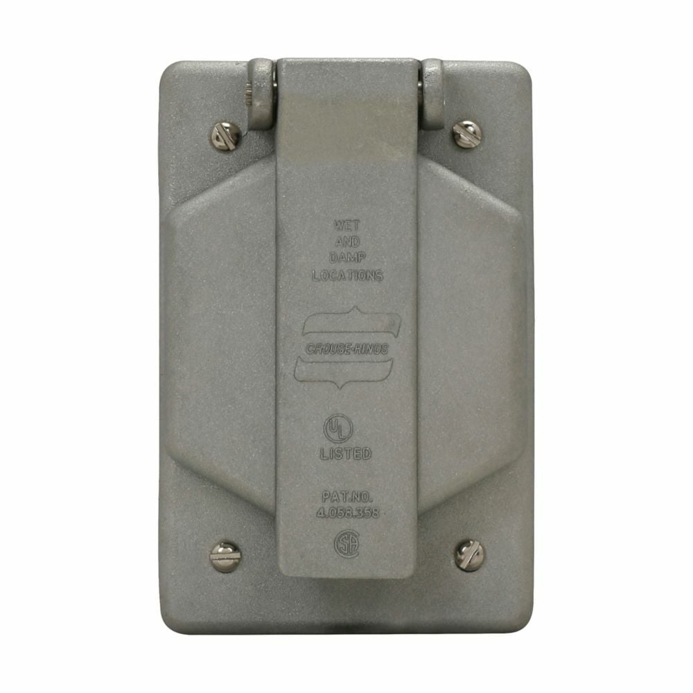 WLRS 5 15 Duplex Device Box Cover With 2-Pole 3-Wire 15 A Receptacle Assembly, 1-3/8 in Dia, Self-Close Cover, Die Cast Copper-Free Aluminum