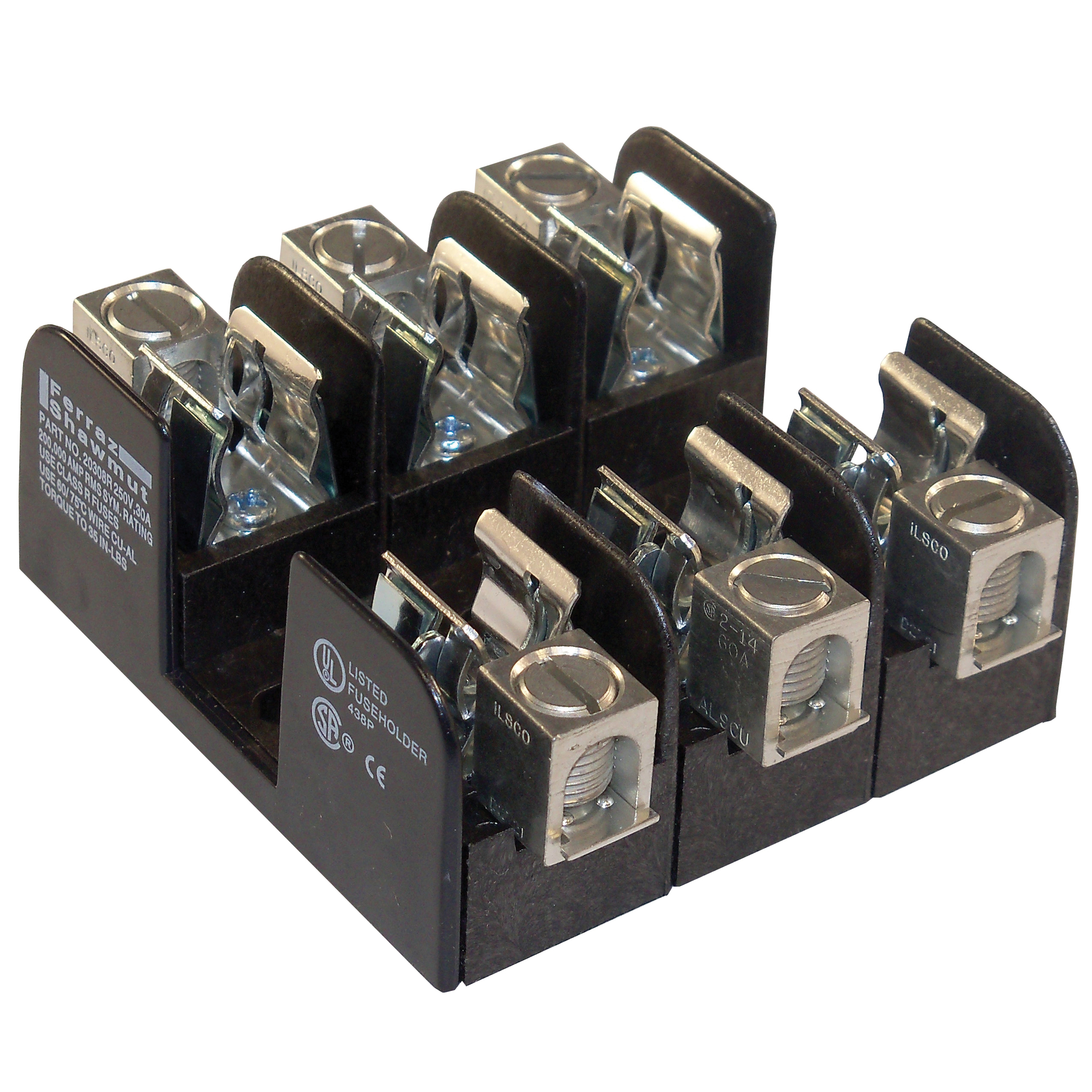 20308R Open Style Fuse Block, 250 V AC, 30 A, Class R, 14 to 2 AWG Wire, 3 Poles