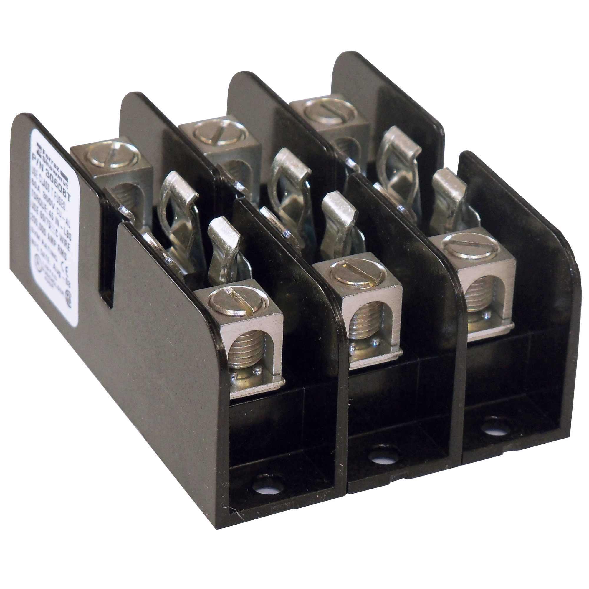 30608T Open Style Fuse Block, 300 V AC/160 V DC, 60 A, Class: T, 14 to 2 AWG Wire, 3 Poles