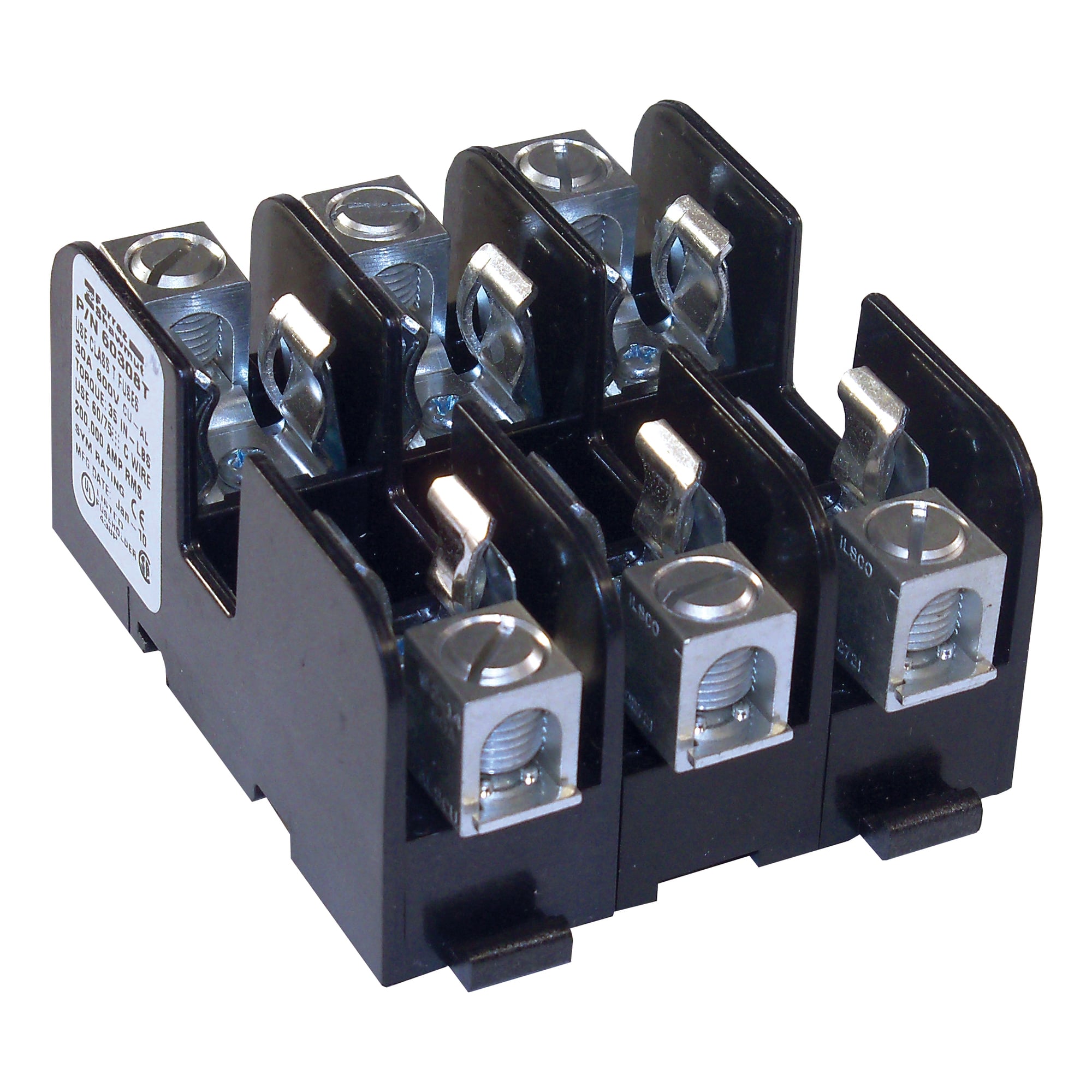 60308T Open Style Fuse Block, 600 V AC/DC, 30 A, Class: T, 14 to 2 AWG Wire, 3 Poles