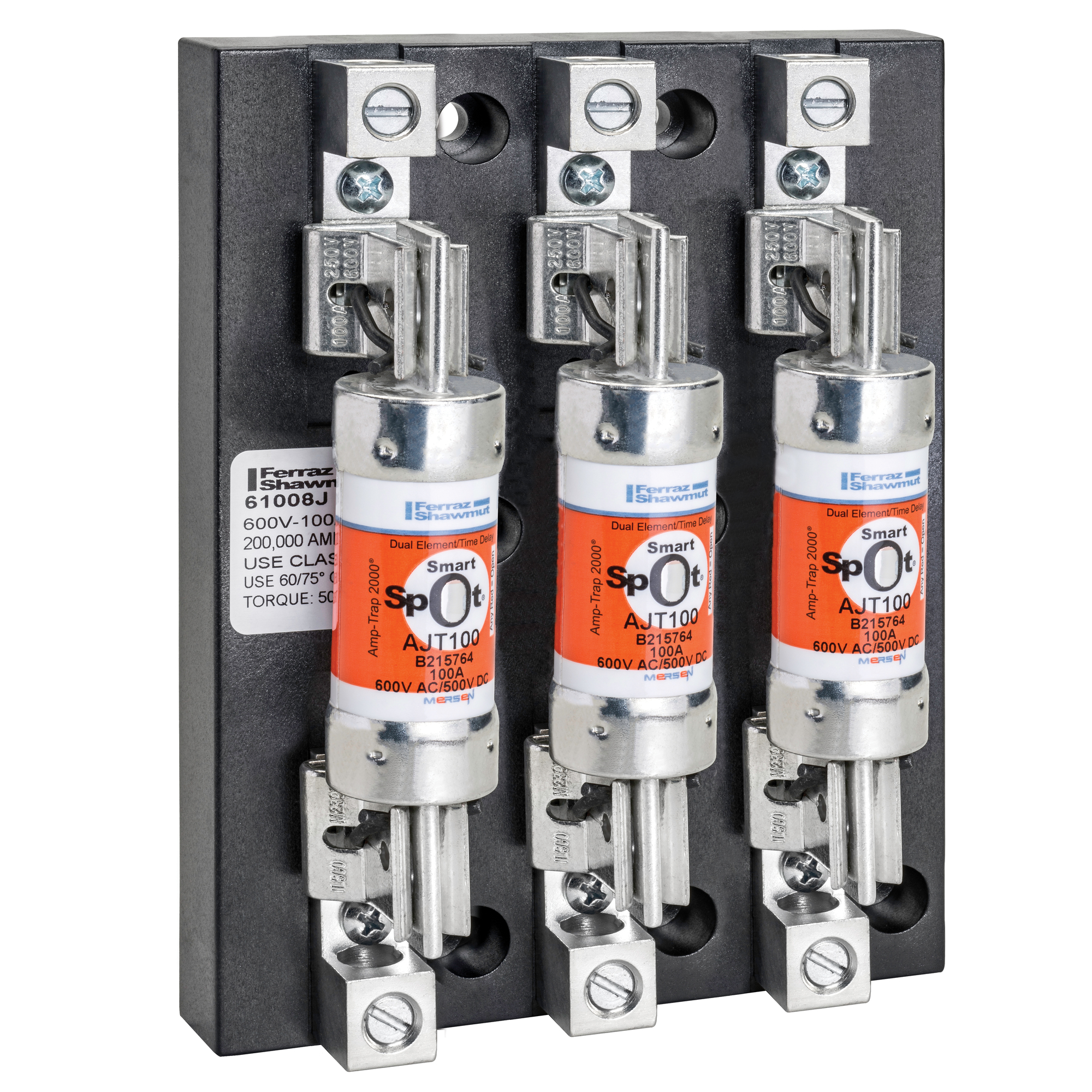 61008J Open Style Fuse Block, 600 VAC/VDC, 100 A, Class J, 12 to 2/0 AWG Wire, 3 Poles
