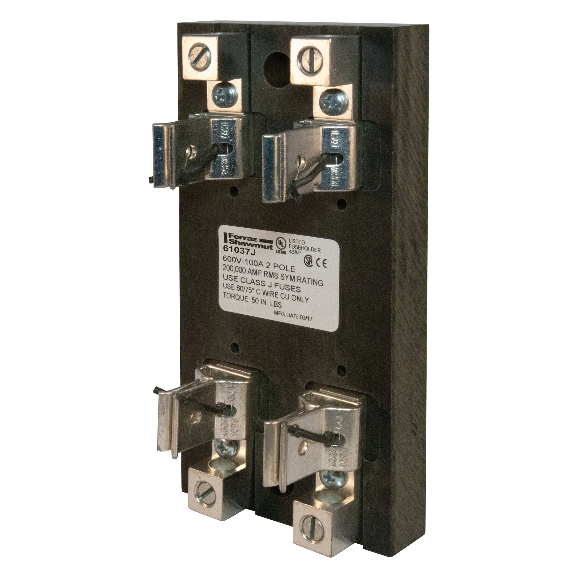 61037J Open Style Fuse Block, 600 V AC/DC, 100 A, Class J, 6 to 2/0 AWG Wire, 2 Poles