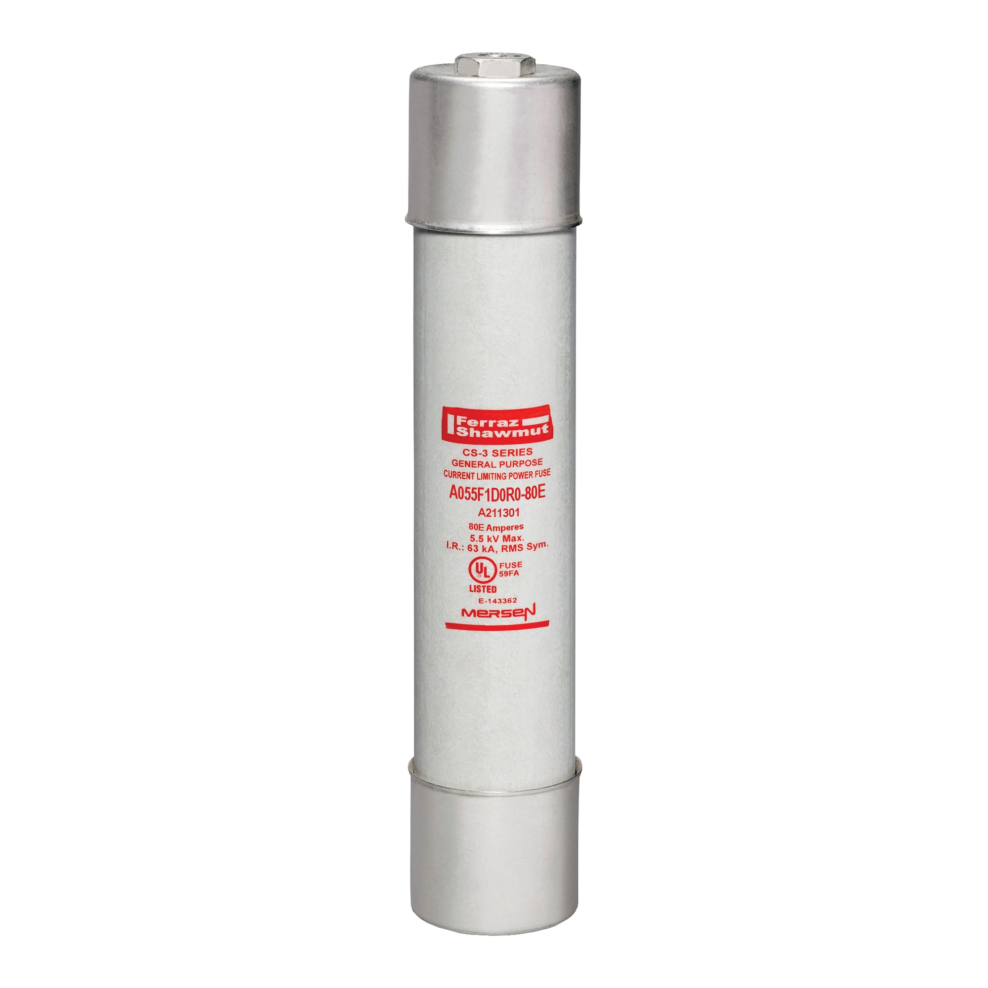 A055F1D0R0-80E Amp-Trap CS-3 1-Barrel Current Limiting General Purpose Medium Voltage General Purpose Fuse, 80 A, 5.5 kV AC, 63 kA Interrupt, Class: E, Ferrule Body
