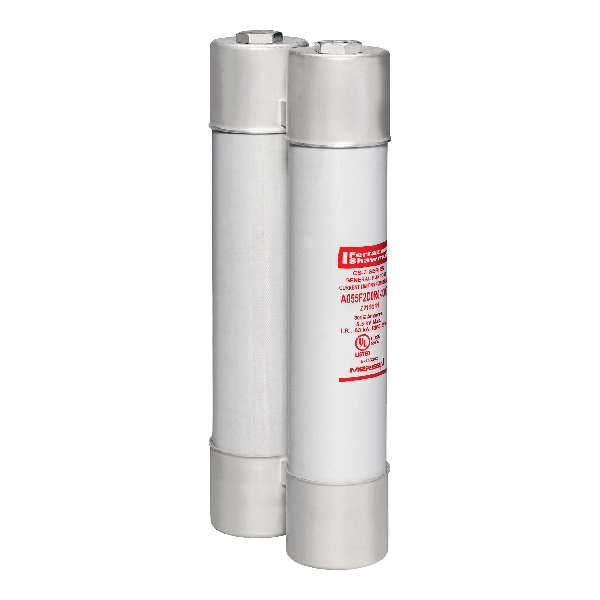 A055F2D0R0-300E Amp-Trap CS-3 2-Barrel General Purpose Medium Voltage Transformer Protection Fuse, 300 A, 5.5 kV AC, 63 kA Interrupt, Class: E, Ferrule Body