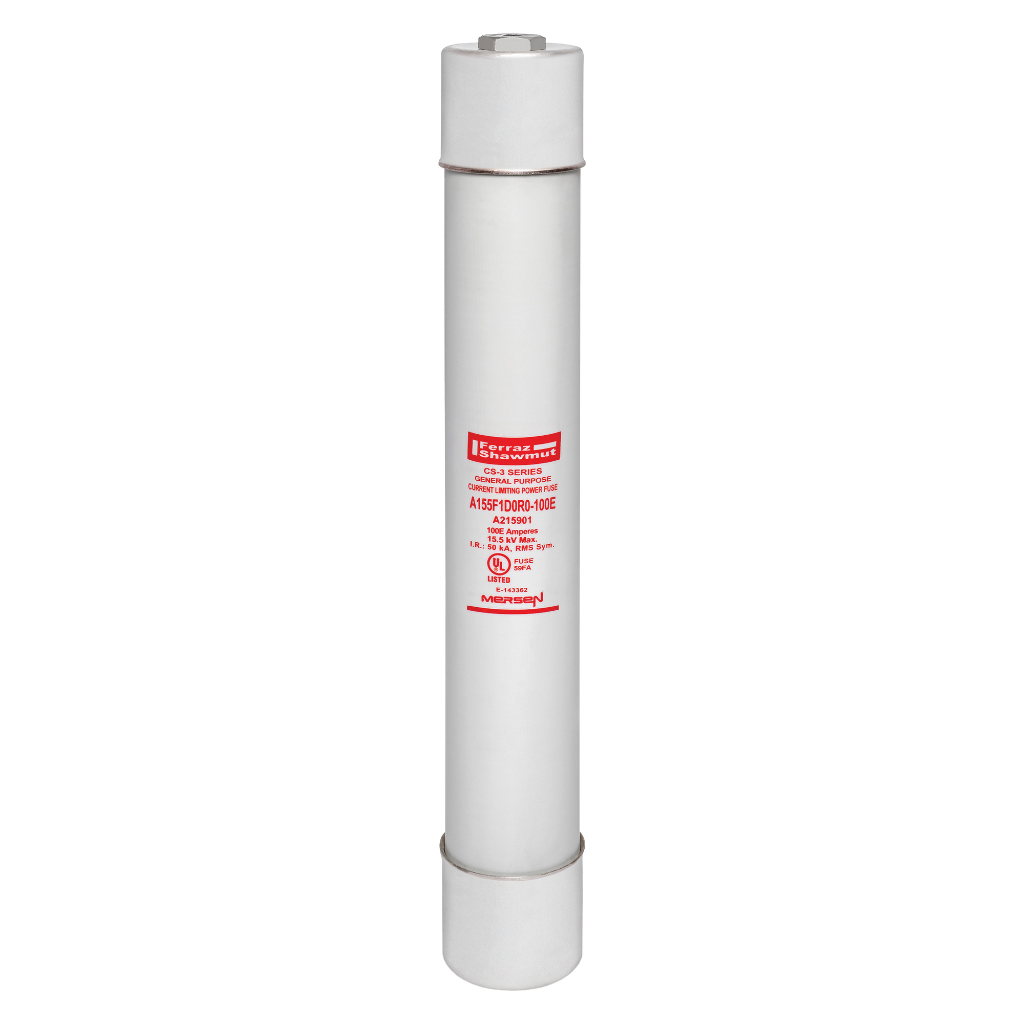 A155F1D0R0-100E Amp-Trap CS-3 1-Barrel Current Limiting General Purpose Medium Voltage General Purpose Fuse, 100 A, 15.5 kV AC, 50 kA Interrupt, Class: E, Ferrule Body