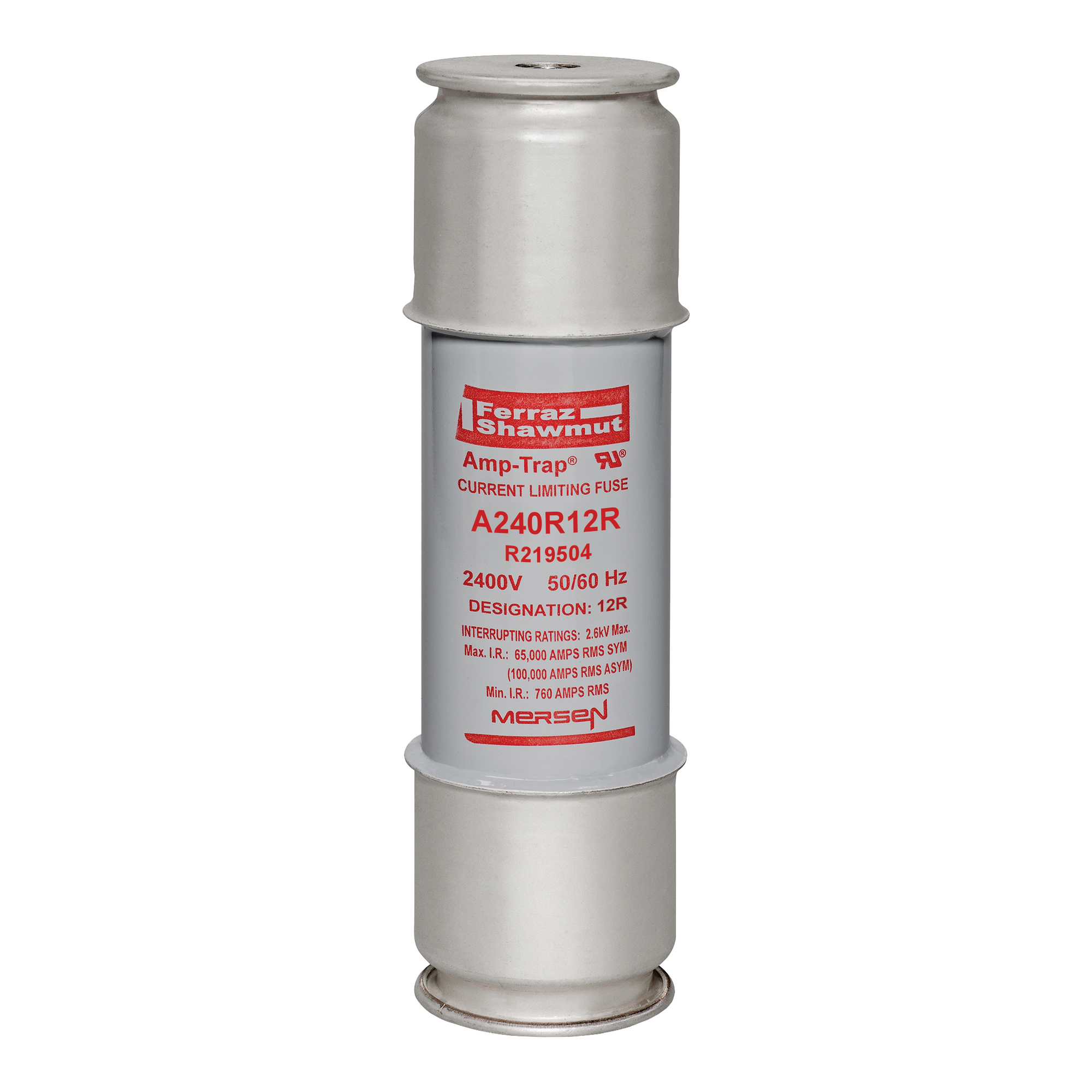 A240R12R Amp-Trap 1-Barrel Back Up Current-Limiting Medium Voltage Motor Protection Fuse, 230 A, 2.4 kV AC, 65 kA Interrupt, Class: R