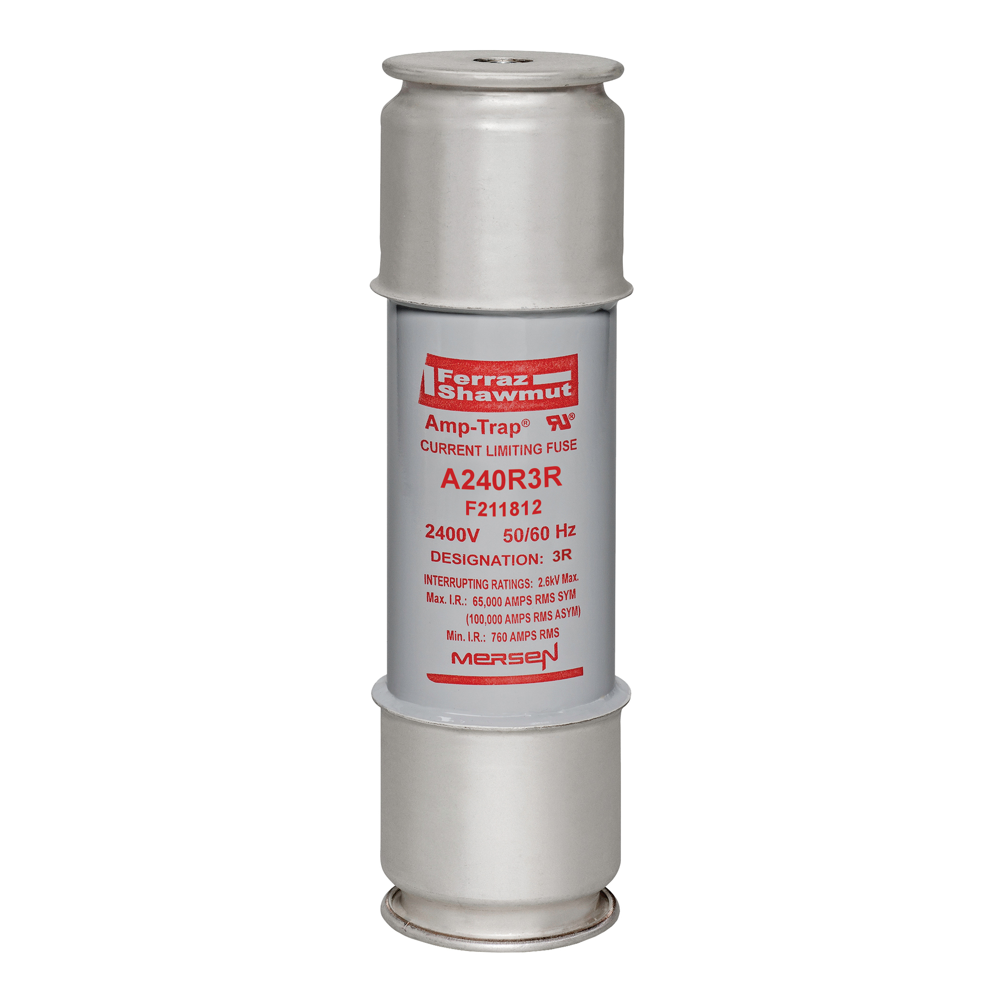 A240R3R Amp-Trap 1-Barrel Back Up Current-Limiting Medium Voltage Motor Protection Fuse, 100 A, 2.4 kV AC, 65 kA Interrupt, Class: R