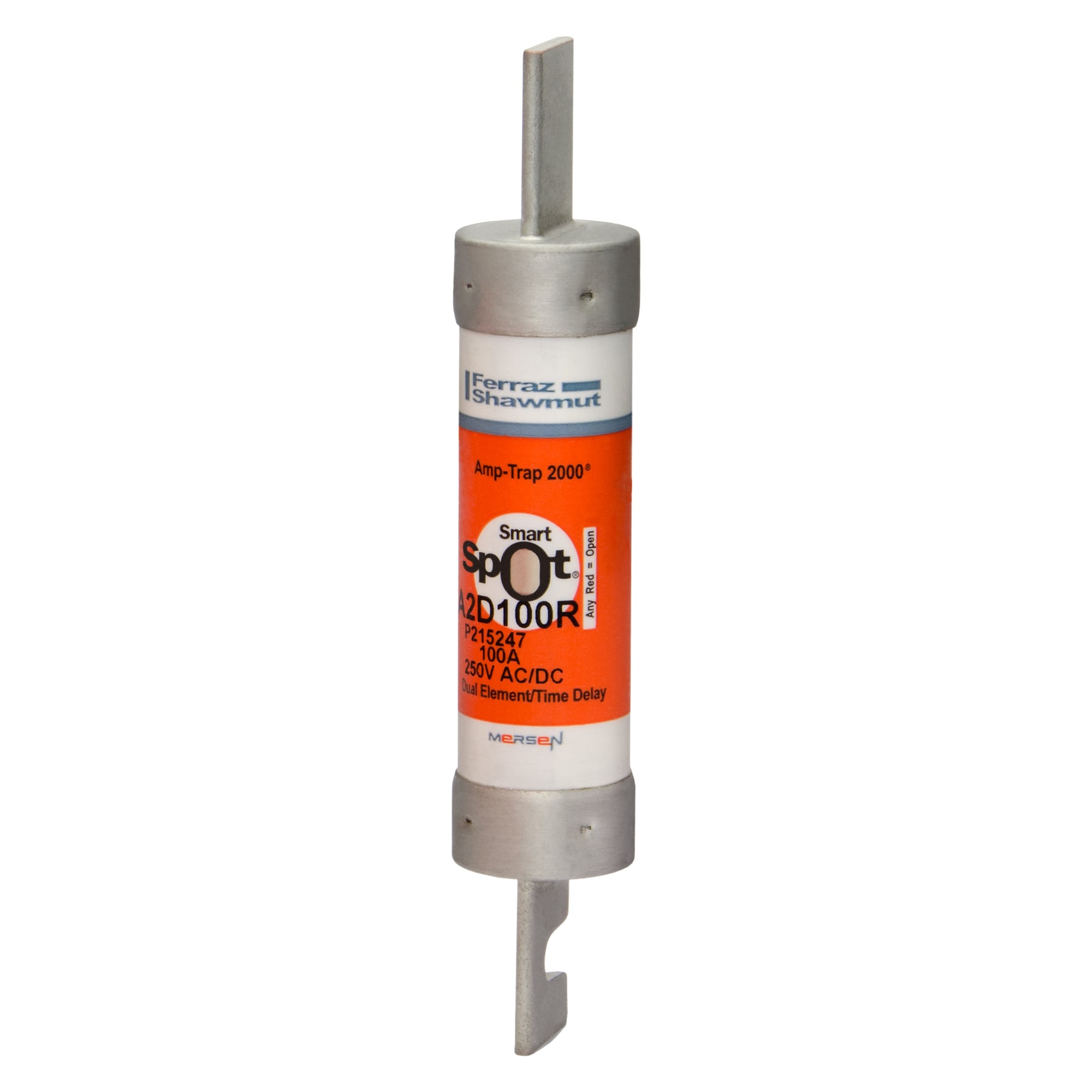 A2D100R Amp-Trap 2000 SmartSpot Current Limiting Low Voltage North American Time Delay Power Fuse, 100 A, 250 V AC, 200 kA Interrupt, RK1 Class, Cylindrical Body