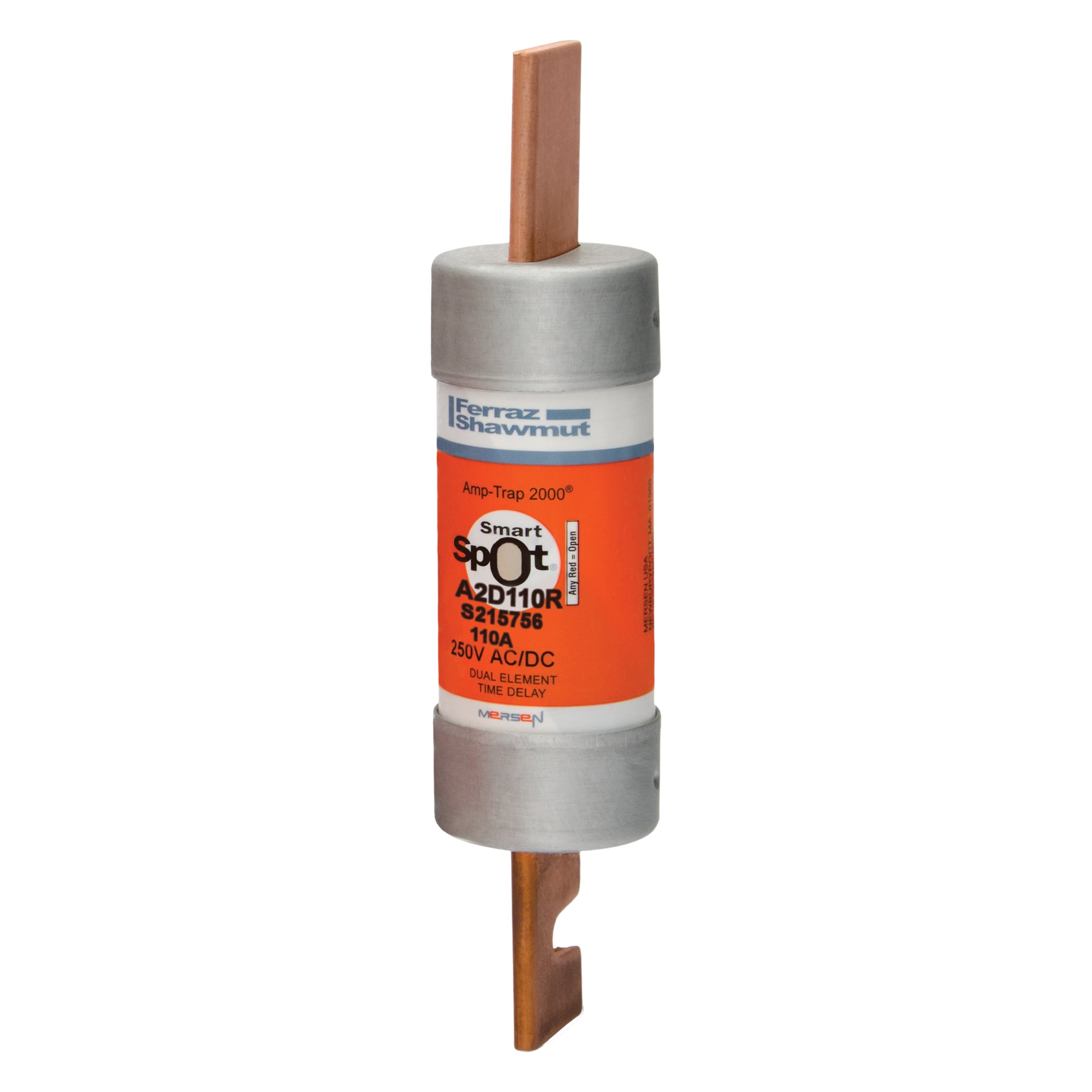 A2D110R Amp-Trap 2000 SmartSpot Current Limiting Low Voltage North American Time Delay Power Fuse, 110 A, 250 V AC, 200 kA Interrupt, RK1 Class, Cylindrical Body