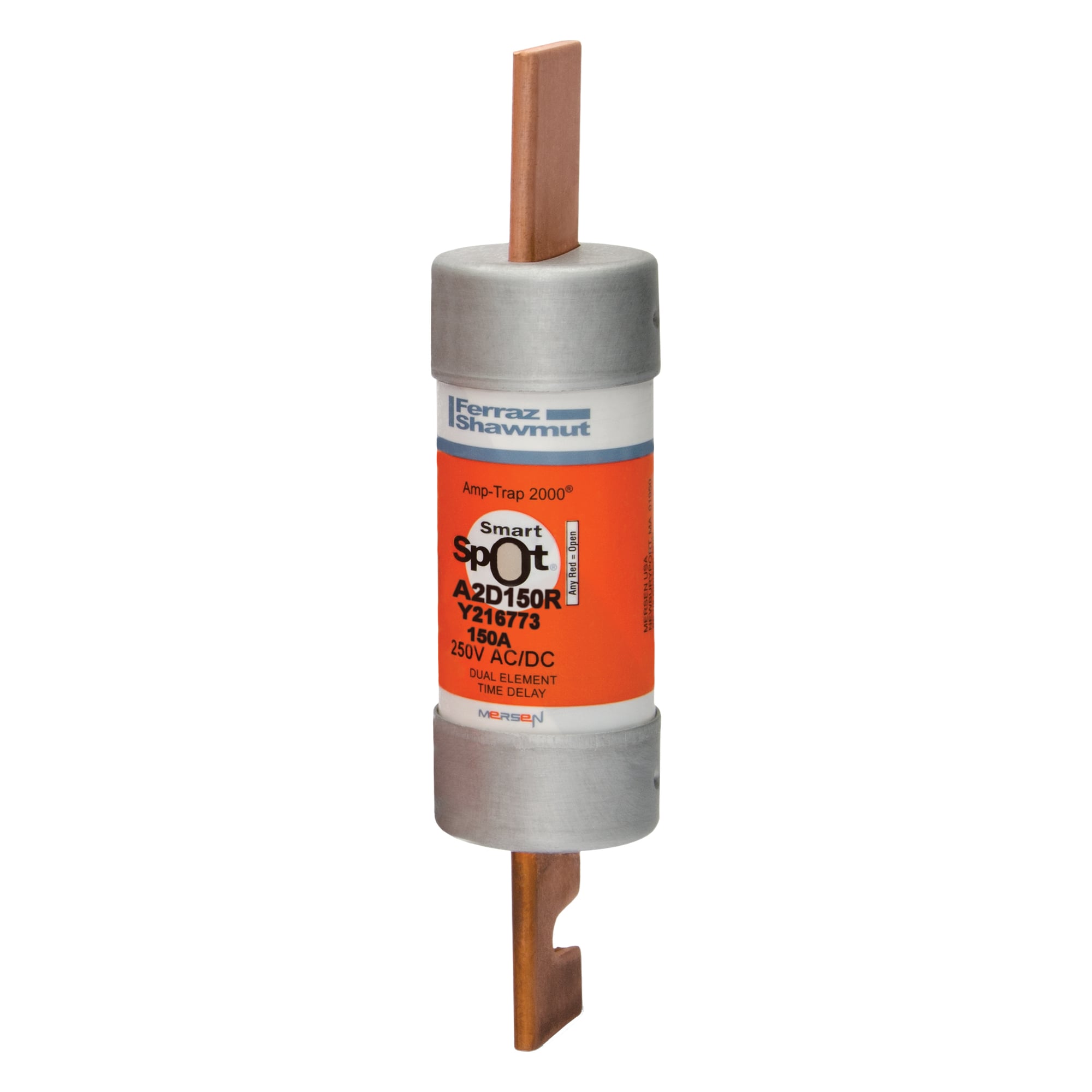A2D150R Amp-Trap 2000 SmartSpot Current Limiting Low Voltage North American Time Delay Power Fuse, 150 A, 250 V AC, 200 kA Interrupt, RK1 Class, Cylindrical Body