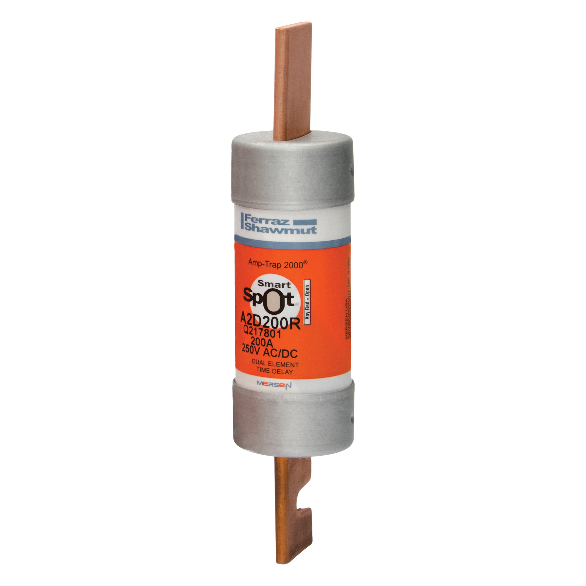 A2D200R Amp-Trap 2000 SmartSpot Current Limiting Low Voltage North American Time Delay Power Fuse, 200 A, 250 V AC, 200 kA Interrupt, RK1 Class, Cylindrical Body