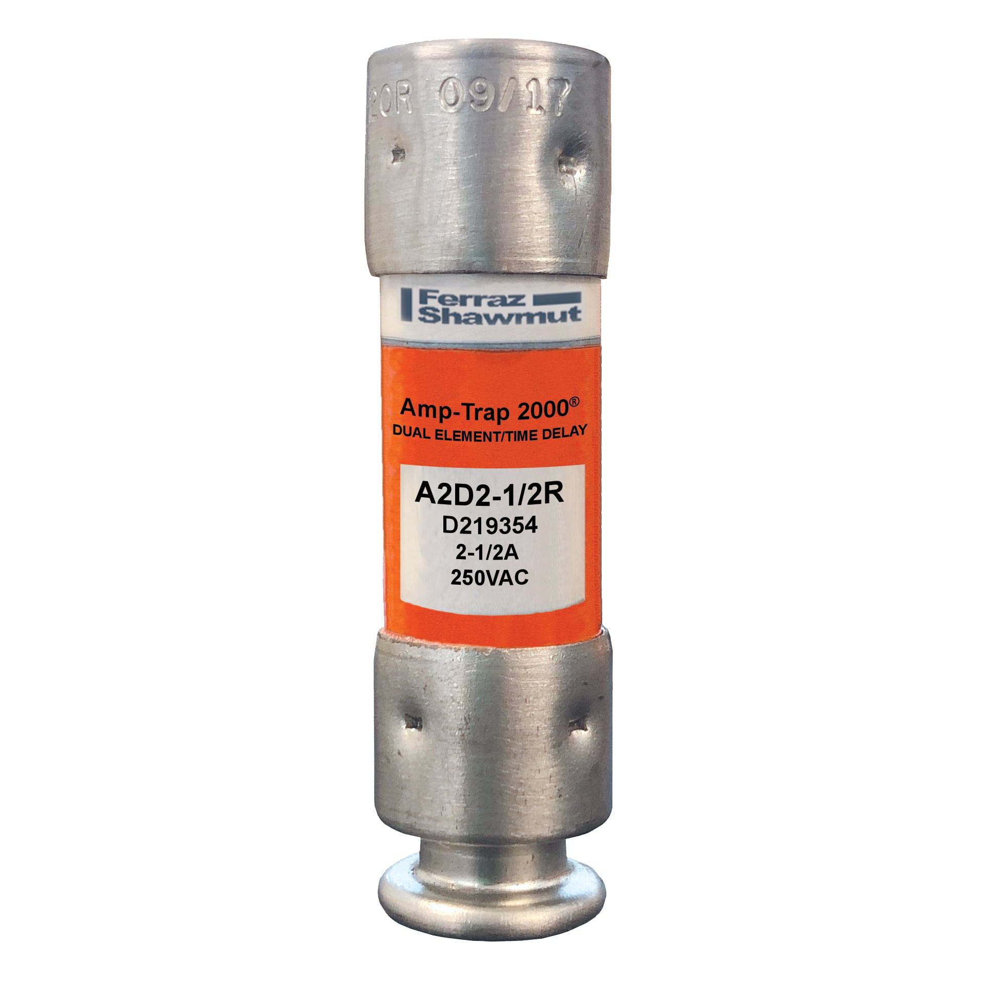 A2D2-1/2R Amp-Trap 2000 SmartSpot Current Limiting Low Voltage North American Time Delay Power Fuse, 2.5 A, 250 V AC, 200 kA Interrupt, RK1 Class, Cylindrical Body
