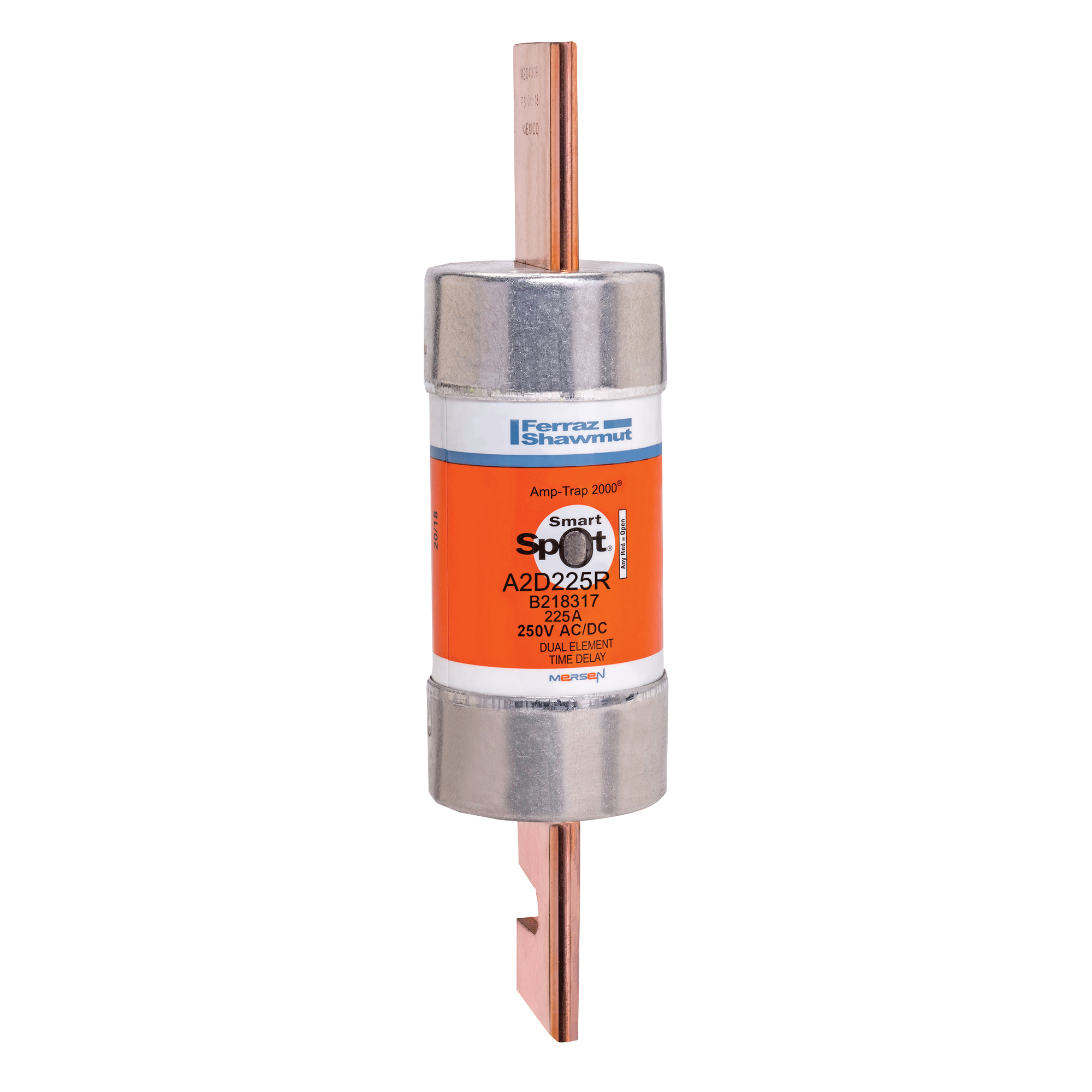 A2D225R Amp-Trap 2000 SmartSpot Low Voltage North American Style Time Delay Power Fuse, 225 A, 250 V AC, 200 kA Interrupt, RK1 Class, Cylindrical Body