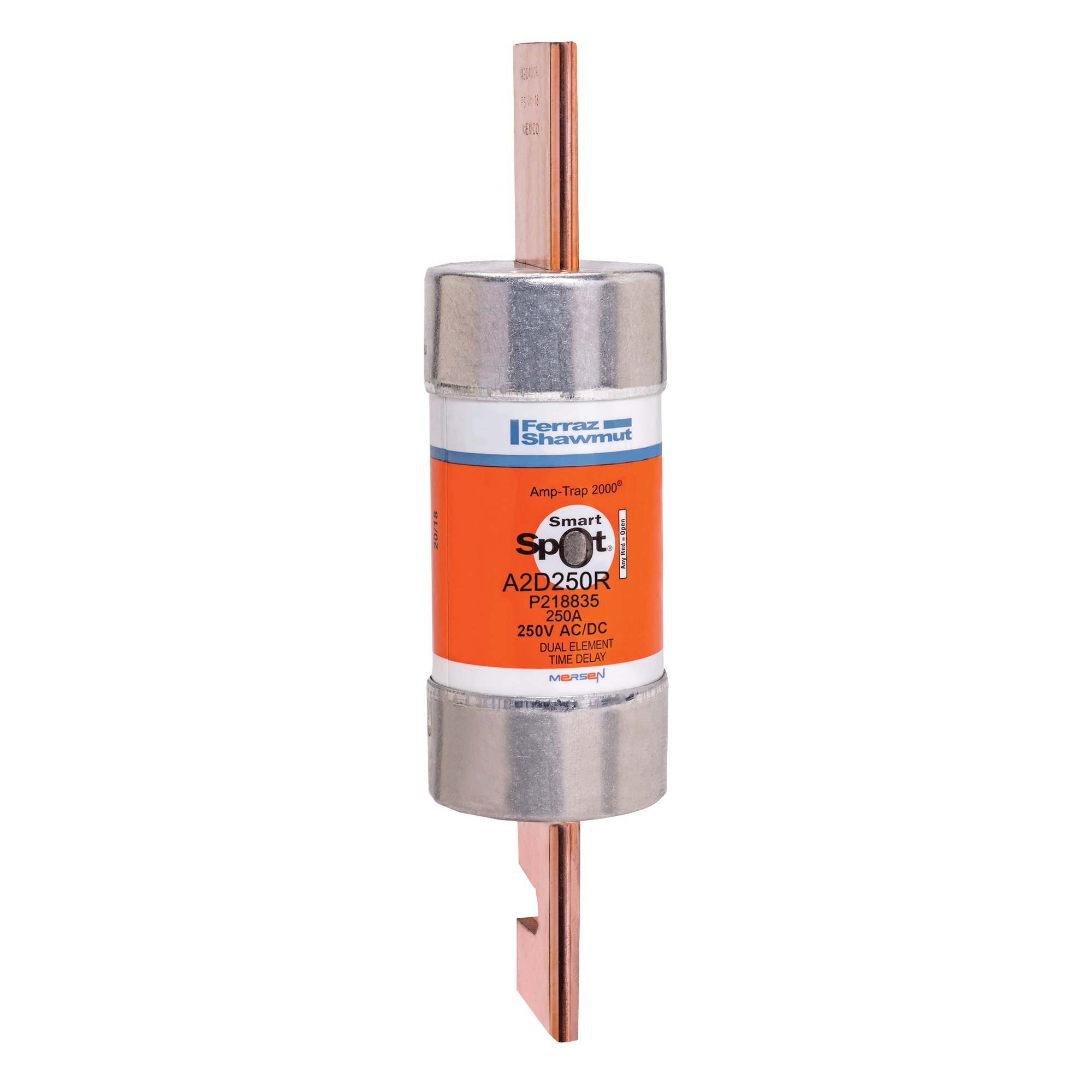A2D250R Amp-Trap 2000 SmartSpot Current Limiting Low Voltage North American Time Delay Power Fuse, 250 A, 250 V AC, 200 kA Interrupt, RK1 Class, Cylindrical Body