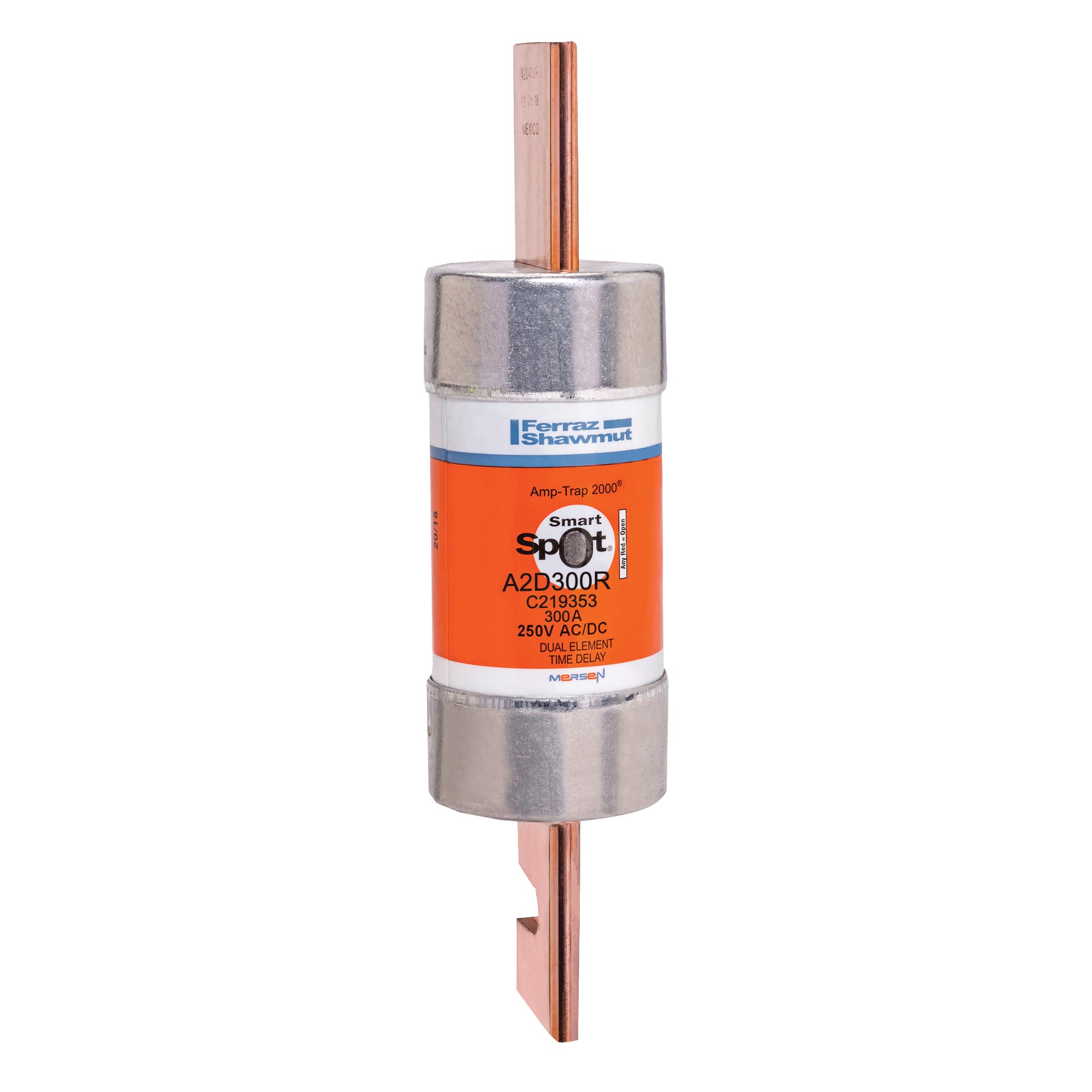 A2D300R Amp-Trap 2000 SmartSpot Current Limiting Low Voltage North American Time Delay Power Fuse, 300 A, 250 V AC, 200 kA Interrupt, RK1 Class, Cylindrical Body