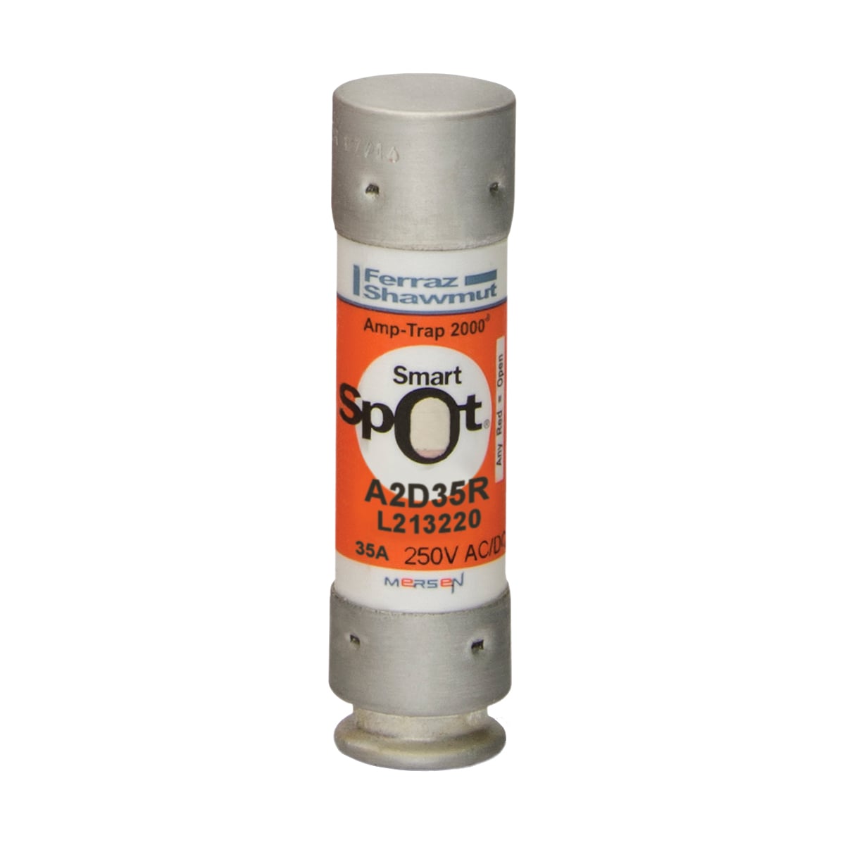 A2D35R Amp-Trap 2000 SmartSpot Current Limiting Low Voltage North American Time Delay Power Fuse, 35 A, 250 V AC, 200 kA Interrupt, RK1 Class, Cylindrical Body