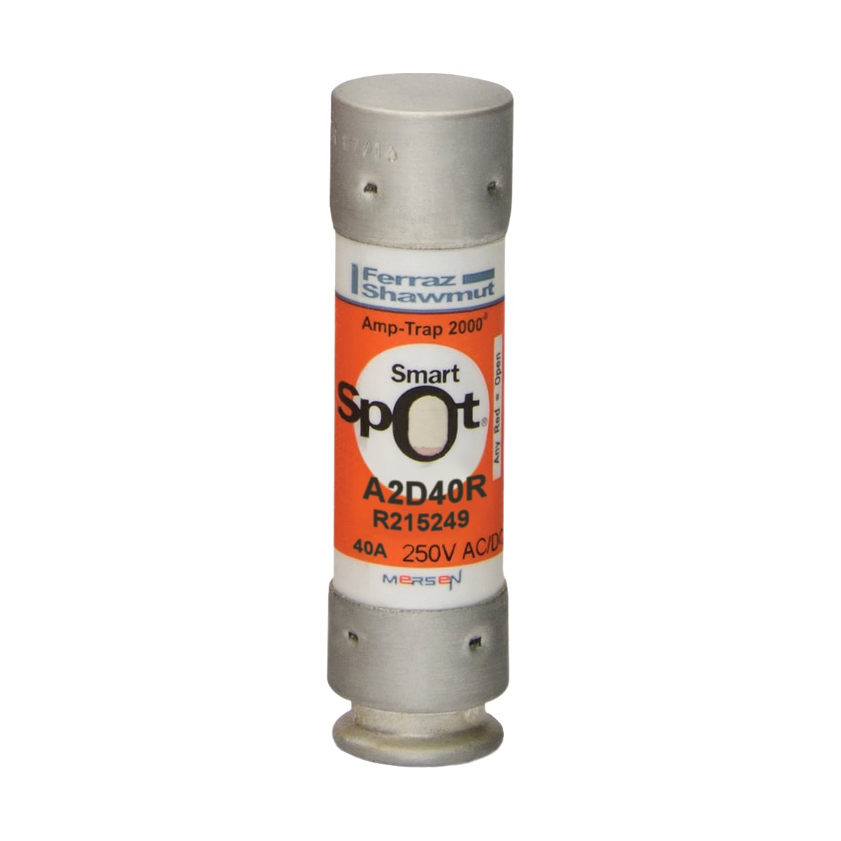 A2D40R Amp-Trap 2000 SmartSpot Current Limiting Low Voltage North American Time Delay Power Fuse, 40 A, 250 V AC, 200 kA Interrupt, RK1 Class, Cylindrical Body