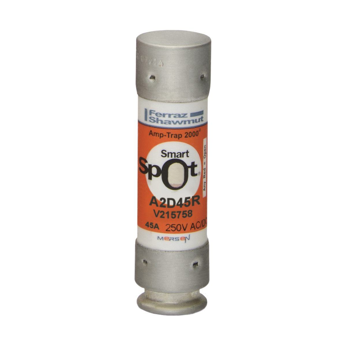 A2D45R Amp-Trap 2000 SmartSpot Current Limiting Low Voltage North American Time Delay Power Fuse, 45 A, 250 V AC, 200 kA Interrupt, RK1 Class, Cylindrical Body